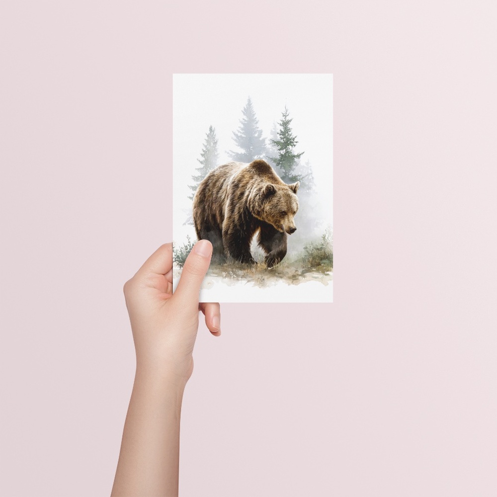 Watercolor Brown Bear Forest Wall Art Print, Unframed Misty Grizzly Illustration - Picture 5 of 5